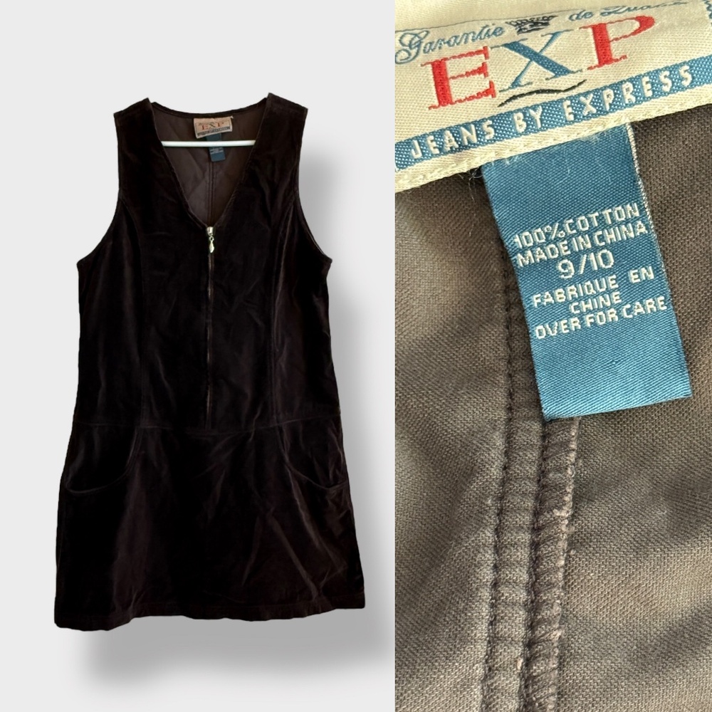 Vintage 90s Y2K EXP Express Velvet Jumper Dress Chocolate Brown Front Pockets